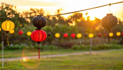 Colorful Paper Lanterns Hanging in Outdoor Garden at Sunset