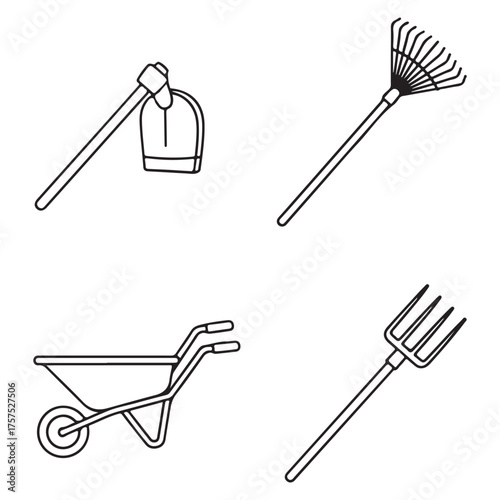 Black and white outline illustration of four gardening tools on a white background garden tools