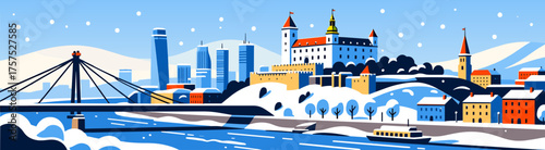 Bratislava skyline with castle in snowy winter vector
