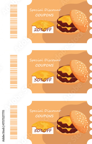 coupon templates with the possibility of getting a discount on a burger with a cheeseburger design, for promotions, discounts