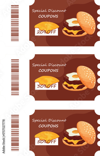 set of brown coupon templates with the possibility of getting a discount on a burger with a design of burgers with cheese and egg, for promotions, discounts