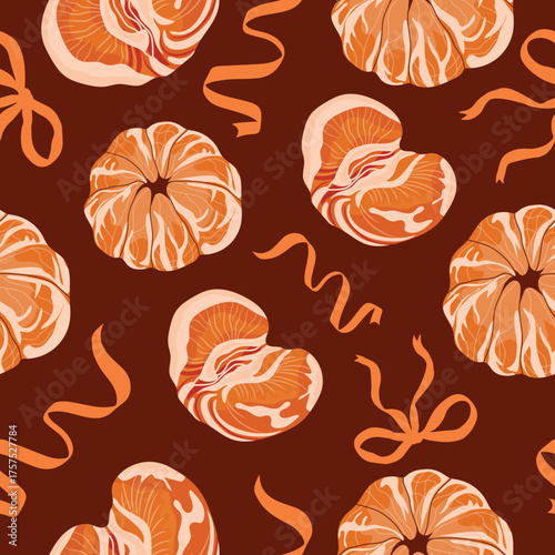 seamless pattern with peeled tangerines and orange bows and ribbons on a brown background, for holiday packaging, textiles or other thematic design