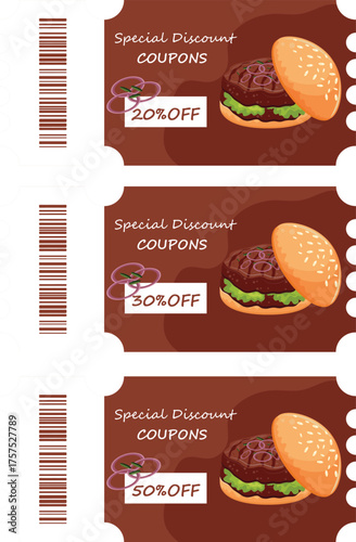 set of brown coupon templates with the possibility of getting a discount on a burger with a design of burgers with pickled onions, for promotions, discounts
