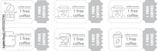 coupon templates with the option to get one free coffee with various coffee-related icons, for promotions, discounts