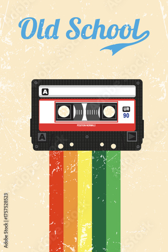 Vintage cassette tape with rainbow ribbon on retro background