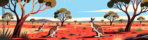 Kangaroos in Australian outback illustration with eucalyptus trees