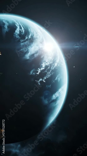 Blue planet Earth with bright sun flare in dark space galaxy cosmos