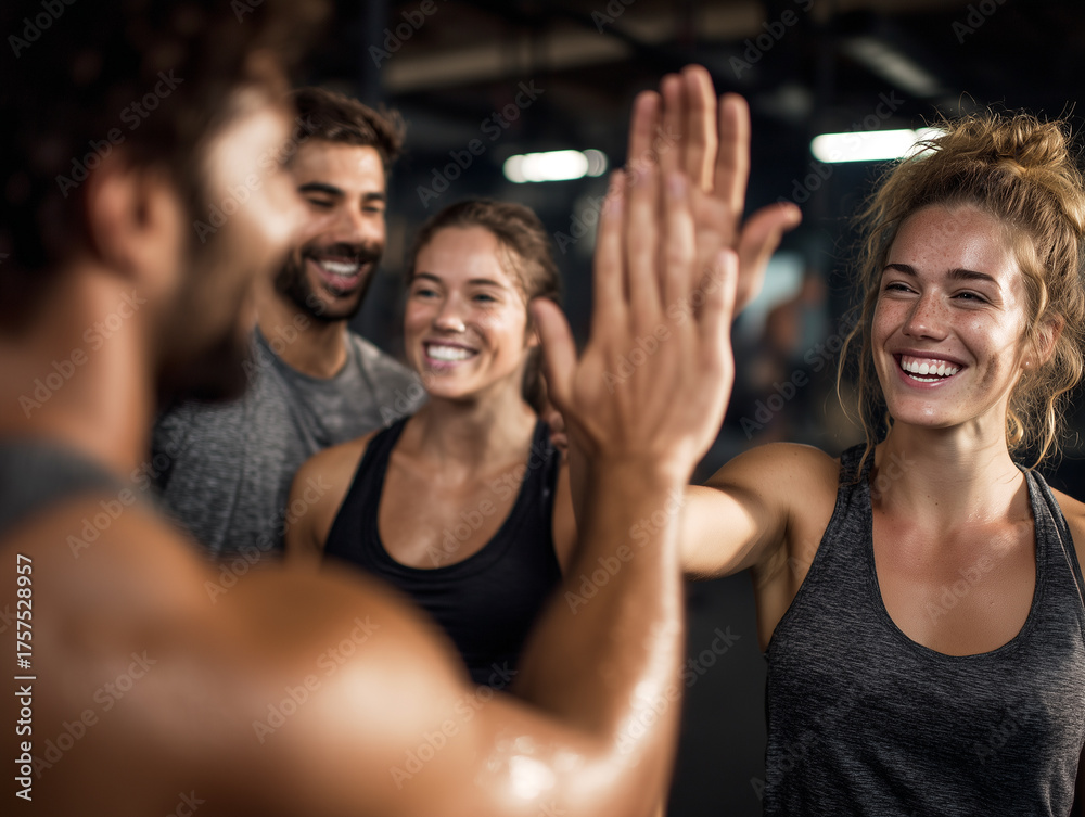 Obraz premium Celebración grupal post-entrenamiento, capturando esfuerzo compartido, motivación deportiva y energía positiva en entorno industrial.Personas sonrientes en gimnasio con pesas y luz natural.