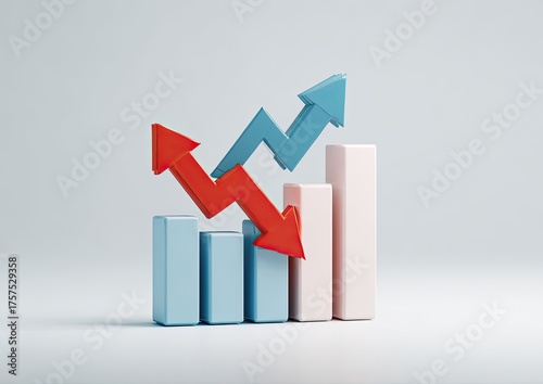 3D rendered image depicting fluctuating financial performance with ascending and descending arrows
