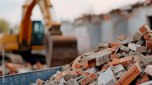 Debris from a building demolition includes broken bricks and other materials. Heavy machinery is in the background, suggesting ongoing construction or demolition activity.