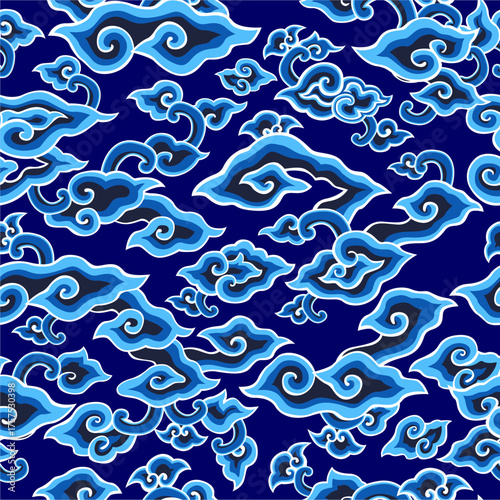 Deep navy Batik Mega Mendung pattern with elegant cloud motifs symbolizing calmness and wisdom. Great for textiles and digital art.