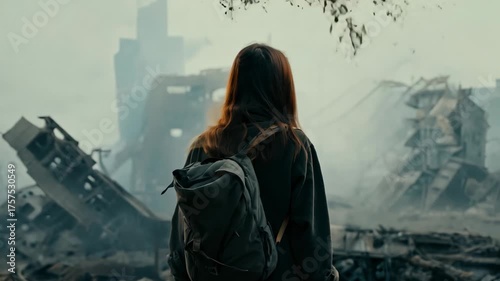 Dirty Caucasian woman in dirty clothes stands in the middle of a bombed-out street. A lone dirty woman stands on a bombed-out street, surrounded by urban destruction.
