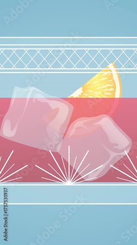 Animation of drink with ice and lemon over blue background