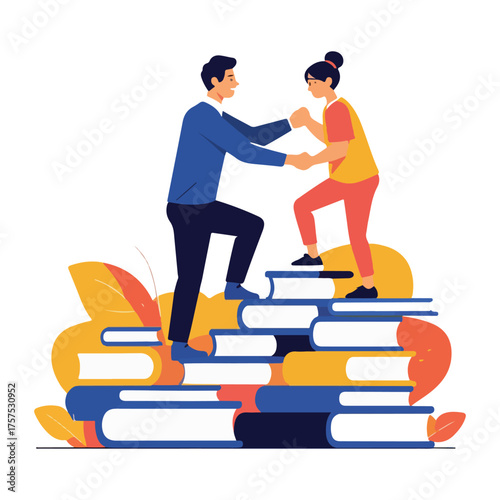 Modern flat solid color vector for National Mentoring Day showing mentor & mentee climbing, sharing light, puzzle connection & inspirational guidance