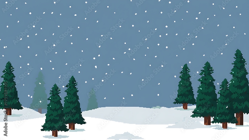 Fototapeta premium Pixel art winter landscape with pine trees and falling snow