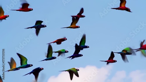 Colorful parrots in flight against a clear blue sky
