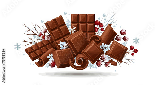 A festive arrangement of chocolate bars, squares, and curls with winter branches, red berries, and snowflakes on a white background.