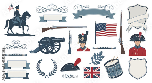 Collection of historical military illustrations featuring soldiers, cannons, flags, and decorative elements.