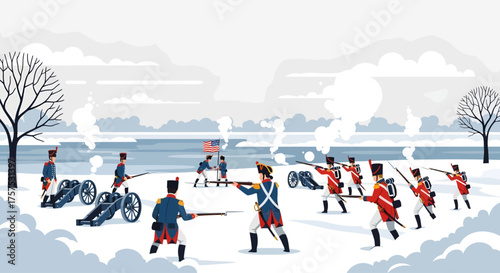 An illustration of a historical winter battle scene with soldiers in blue and red uniforms, cannons, and muskets on a snowy field.