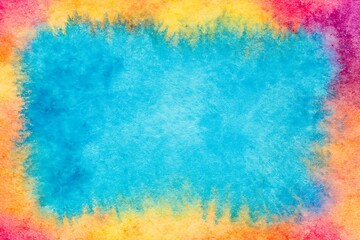 Watercolor painting with a blue center and a colorful border of pink, yellow, and orange.