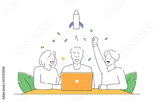 Team celebrating successful project launch happy people looking at laptop with rocket flying above vector illustration