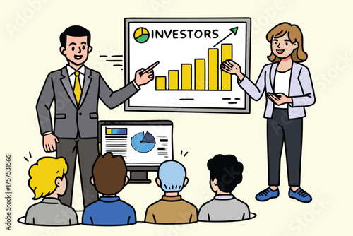 Business presentation with investors showing growth chart and financial data vector illustration for corporate meeting and investment strategy