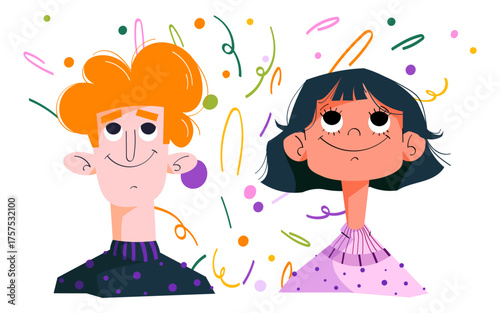Smiling boy and girl with confetti. Fun and colorful vector illustration of cheerful faces celebrating a birthday or festive occasion, perfect for cards, posters, and invitations