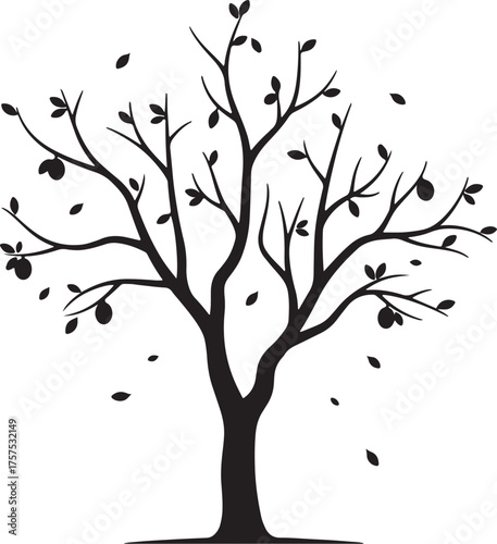 Minimalist black vector silhouette of a fruit tree with sparse leaves and hanging plums (or similar fruit), symbolizing the late autumn harvest and seasonal transition
