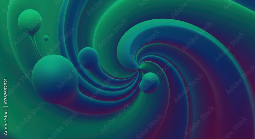 Naklejka premium Abstract Swirl with Spheres in Green and Blue A Mesmerizing Display of Fluid Motion and Gradient Colors Creating a Dynamic and Artistic Composition