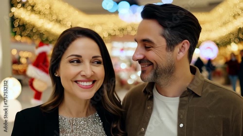 Christmas sales concept. Loving middle aged couple in a big Christmas decorated mall. Happy pair shares smiles while exploring festive sales in a Christmas-decorated mall.