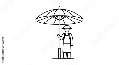Line Art Illustration of a Person with Hat Under Umbrella.
