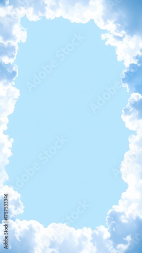 Cloud frame soft cumulus border around edges, sky‑blue hint at corners, center blank for headline, cheerful yet minimal