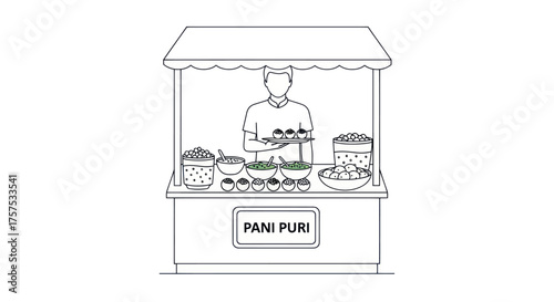 Hand-drawn illustration of a Pani Puri street food stall with vendor.