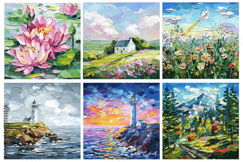 Impasto Landscape and Floral Painting Set. Cottage, Lighthouse, Mountains, Wildflowers, Water Lilies, Sunset