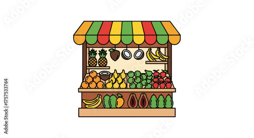 Colorful Fruit and Vegetable Stand with Striped Awning.