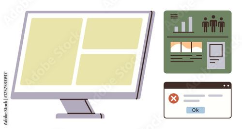 Computer screen featuring interface layout and statistics, showcasing charts, error pop-up dialog, and user insights. Ideal for UIUX design, data analysis, error report, software demo, monitoring