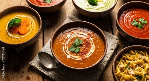 Various soups in bowls on wooden table