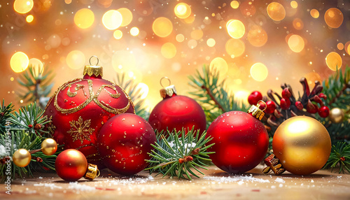 Red and gold Christmas decorations with fir branches and bokeh lights, cozy still life, no people