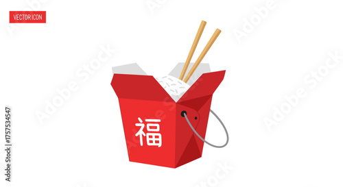 Red Chinese Takeout Box with Chopsticks and Food.