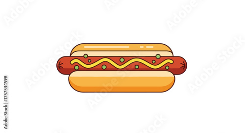 Classic Hot Dog with Mustard and Relish Illustration.
