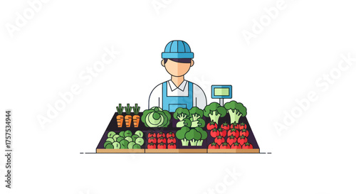 Friendly vendor at a fresh produce market stall with assorted vegetables.