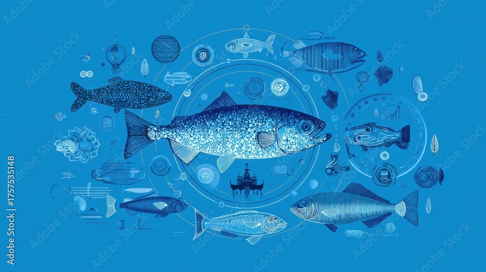 Fototapeta premium Marine life exploration design featuring various fish and nautical elements,World Fisheries Day
