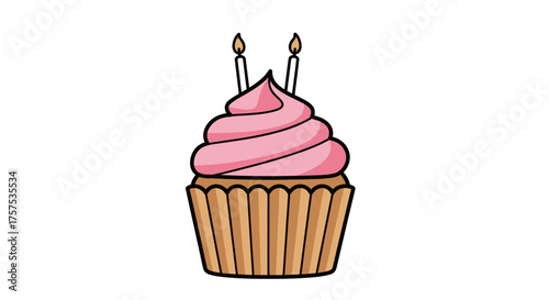 A delicious pink frosted cupcake with two lit candles on top.