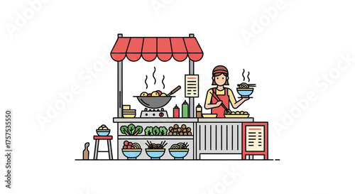 Cartoon illustration of a street food vendor preparing a meal at a stall.