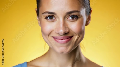 Close-up view of a smiling young Caucasian woman on a yellow background. The woman’s radiant smile stands out vividly on a sunny yellow backdrop.
