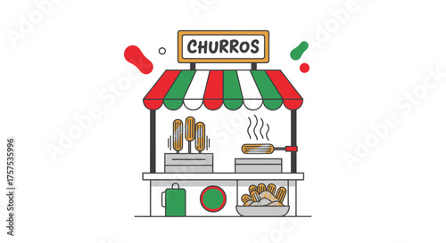 Illustrated Churros Stand with Delicious Fried Pastries and Steaming Treats.