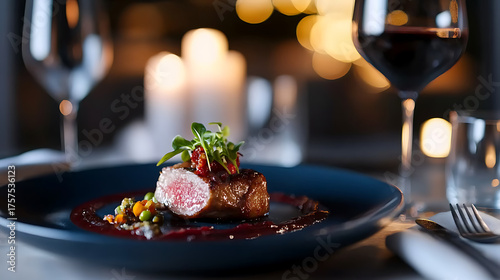 Exquisite seared meat dish with greens, sauce, and vegetables on a dark blue plate, complemented by a glass of red wine, set against a softly lit, elegant ambiance.