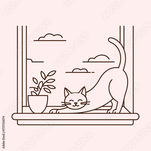Line art illustration of a cat stretching on a windowsill with a potted plant and clouds outside vector