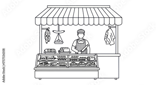 Butcher shop stall with meat display and vendor.
