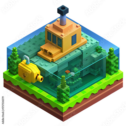 Voxel Isometric stylized yellow building complex with trees and water feature rendered in 3d